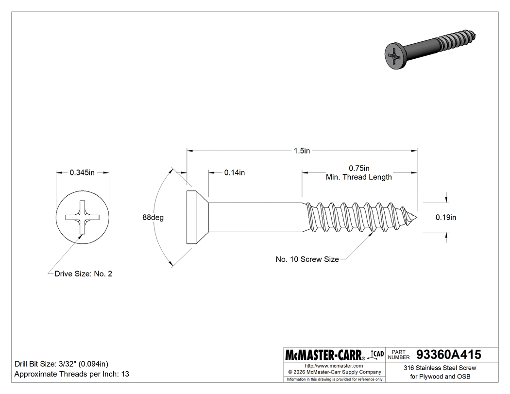 Technical Drawing of 316 Stainless Steel Phillips Screws for Plywood and OSB, Flat Head, Number 10 Size, 1-1/2" Long.